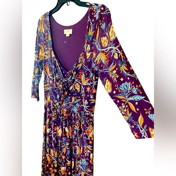 Maeve Sz M Purple Cottagecore Front Tie Boho Gypsy Vibe Rayon Stretch Midi Dress - Picture 2 of 8